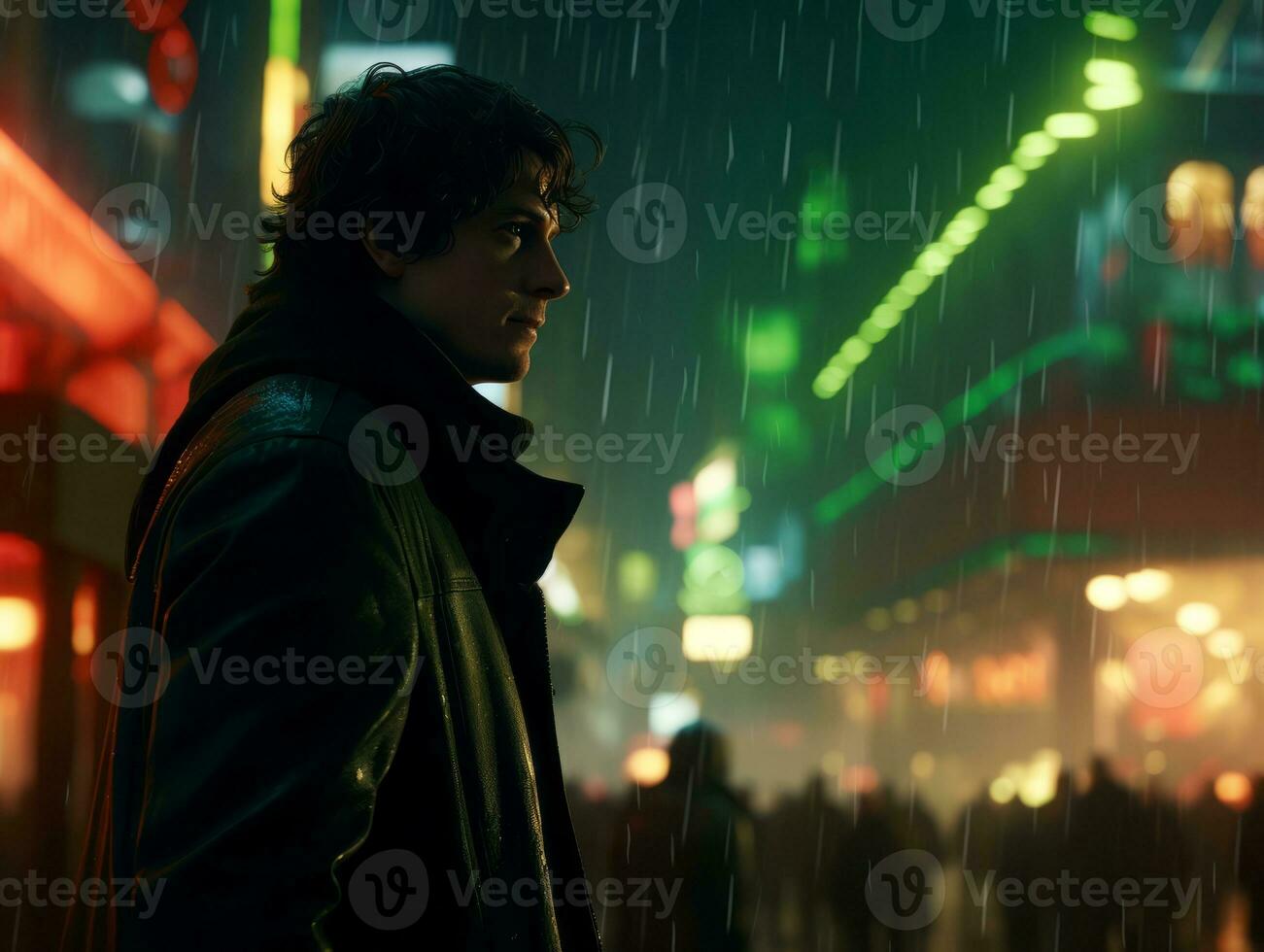 Man in future proof clothes enjoys a leisurely stroll through a neon lit city streets AI Generative photo