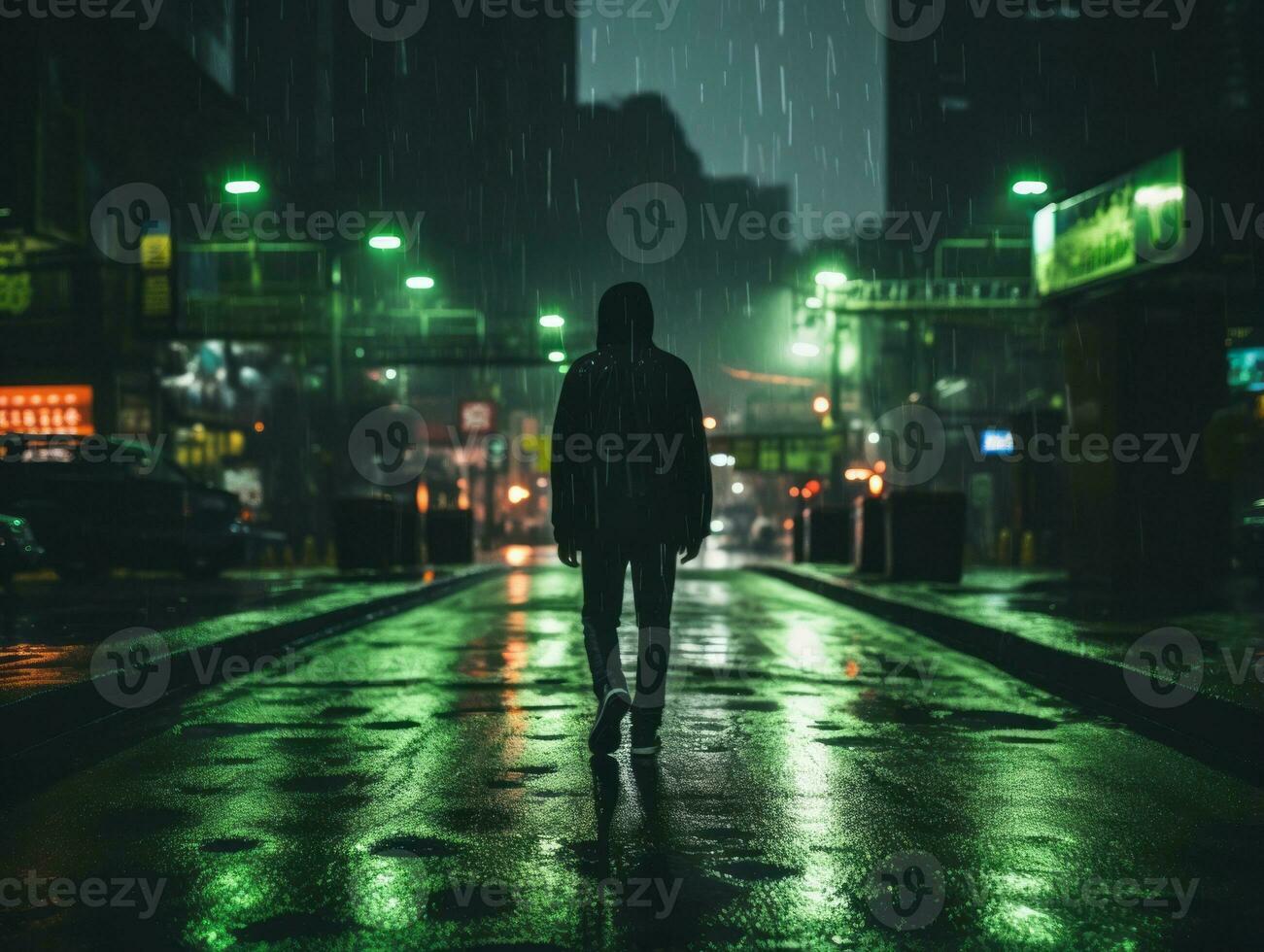 Man in future proof clothes enjoys a leisurely stroll through a neon lit city streets AI Generative photo