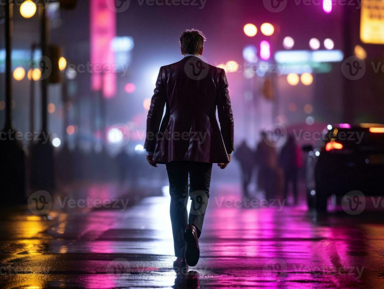 Man in future proof clothes enjoys a leisurely stroll through a neon lit city streets AI Generative photo