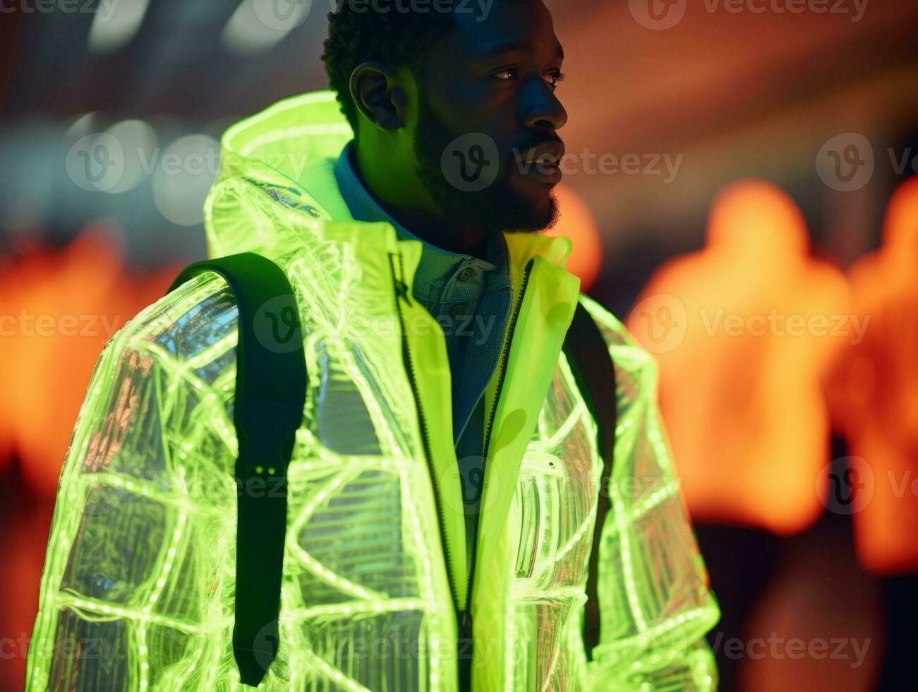 Man in future proof clothes enjoys a leisurely stroll through a neon lit city streets AI Generative photo