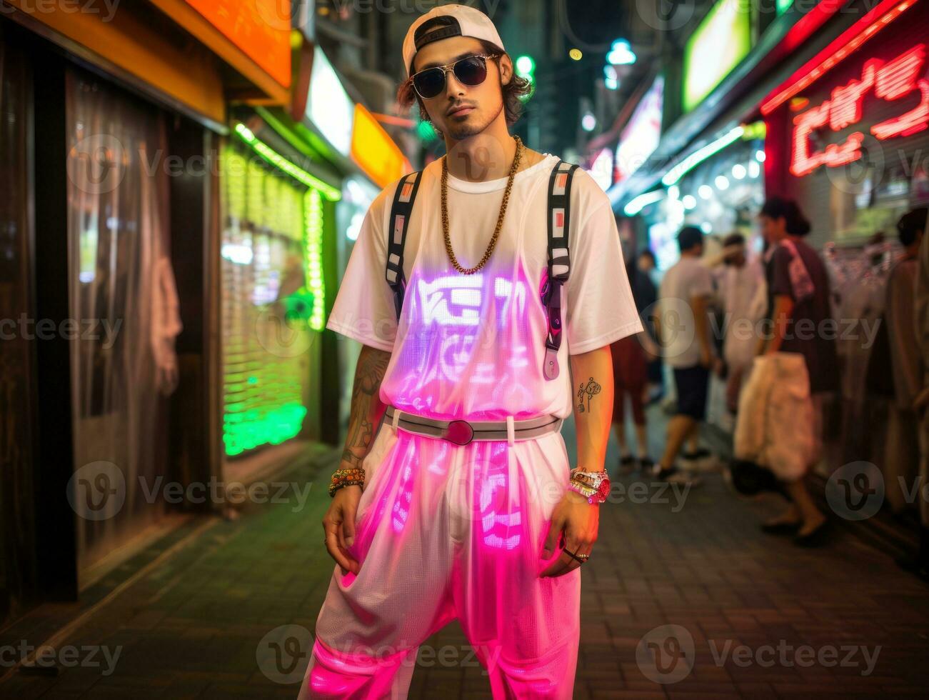 hombre en futuro prueba ropa disfruta un sin prisa paseo mediante un neón iluminado ciudad calles ai generativo foto