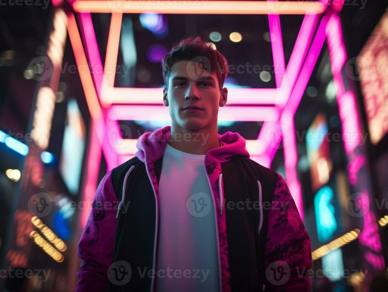 Man in future proof clothes enjoys a leisurely stroll through a neon lit city streets AI Generative photo