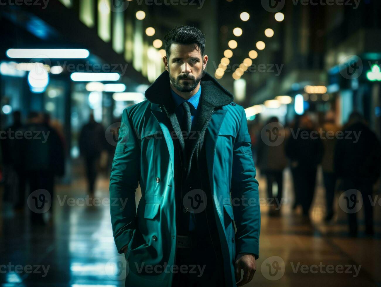 Man in future proof clothes enjoys a leisurely stroll through a neon lit city streets AI Generative photo