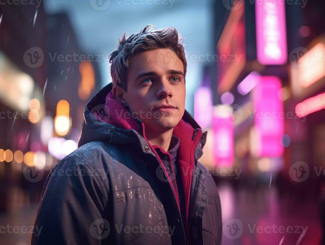 Man in future proof clothes enjoys a leisurely stroll through a neon lit city streets AI Generative photo
