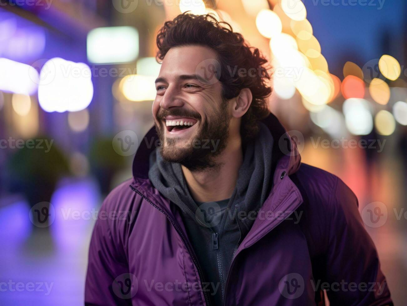 Man in future proof clothes enjoys a leisurely stroll through a neon lit city streets AI Generative photo