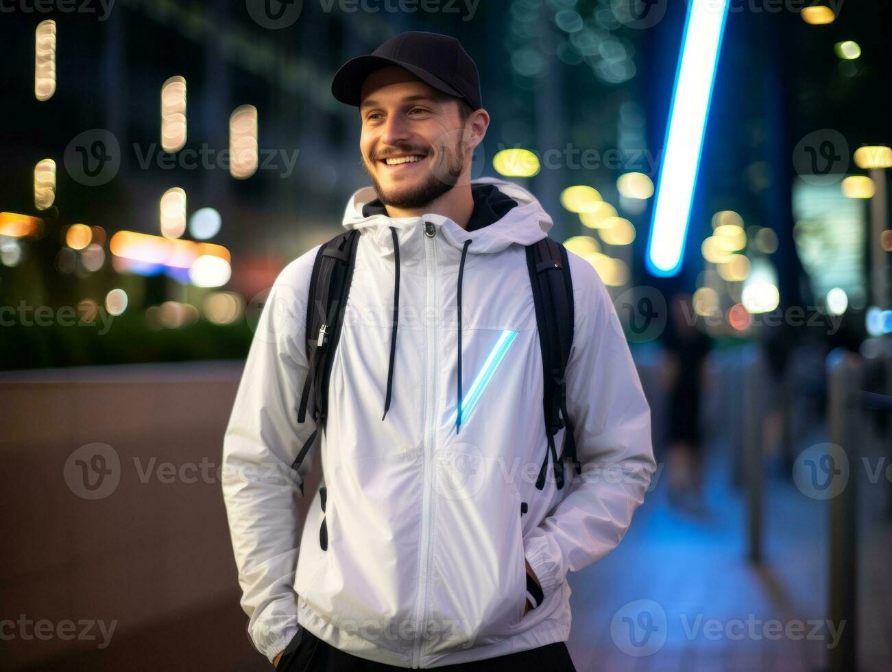 Man in future proof clothes enjoys a leisurely stroll through a neon lit city streets AI Generative photo