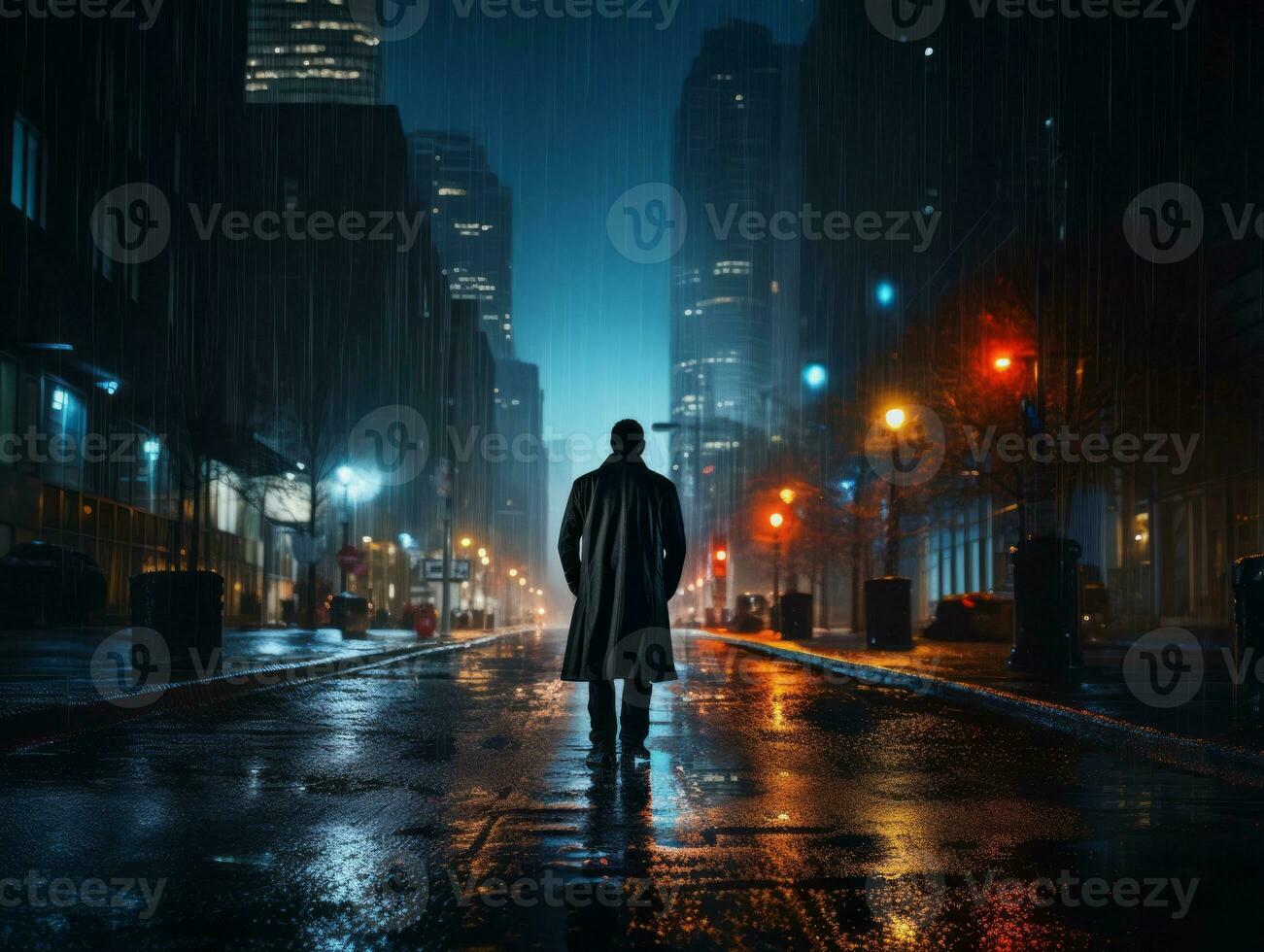 Man in future proof clothes enjoys a leisurely stroll through a neon lit city streets AI Generative photo
