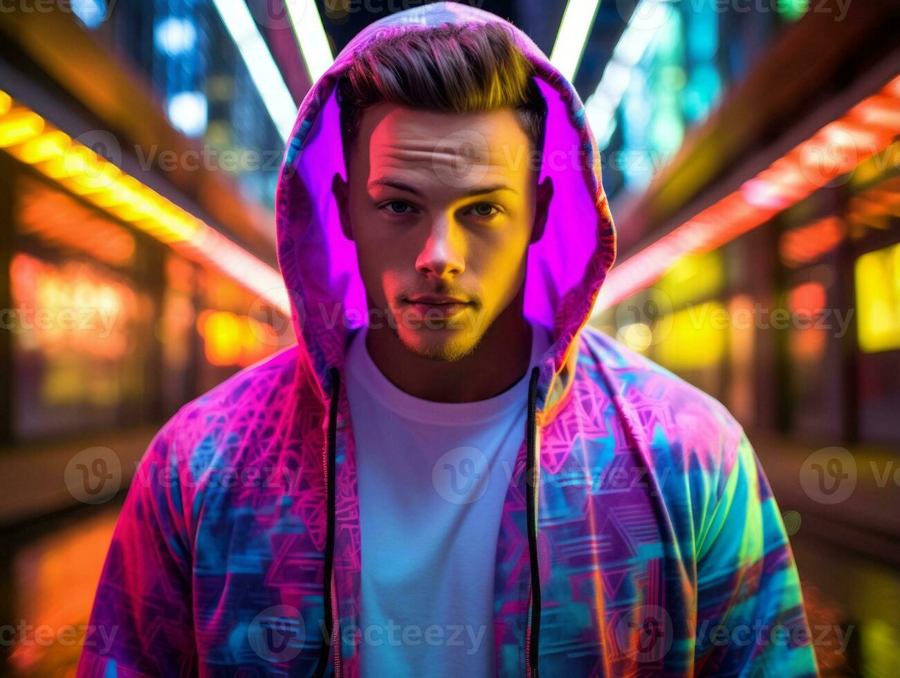 Man in future proof clothes enjoys a leisurely stroll through a neon lit city streets AI Generative photo