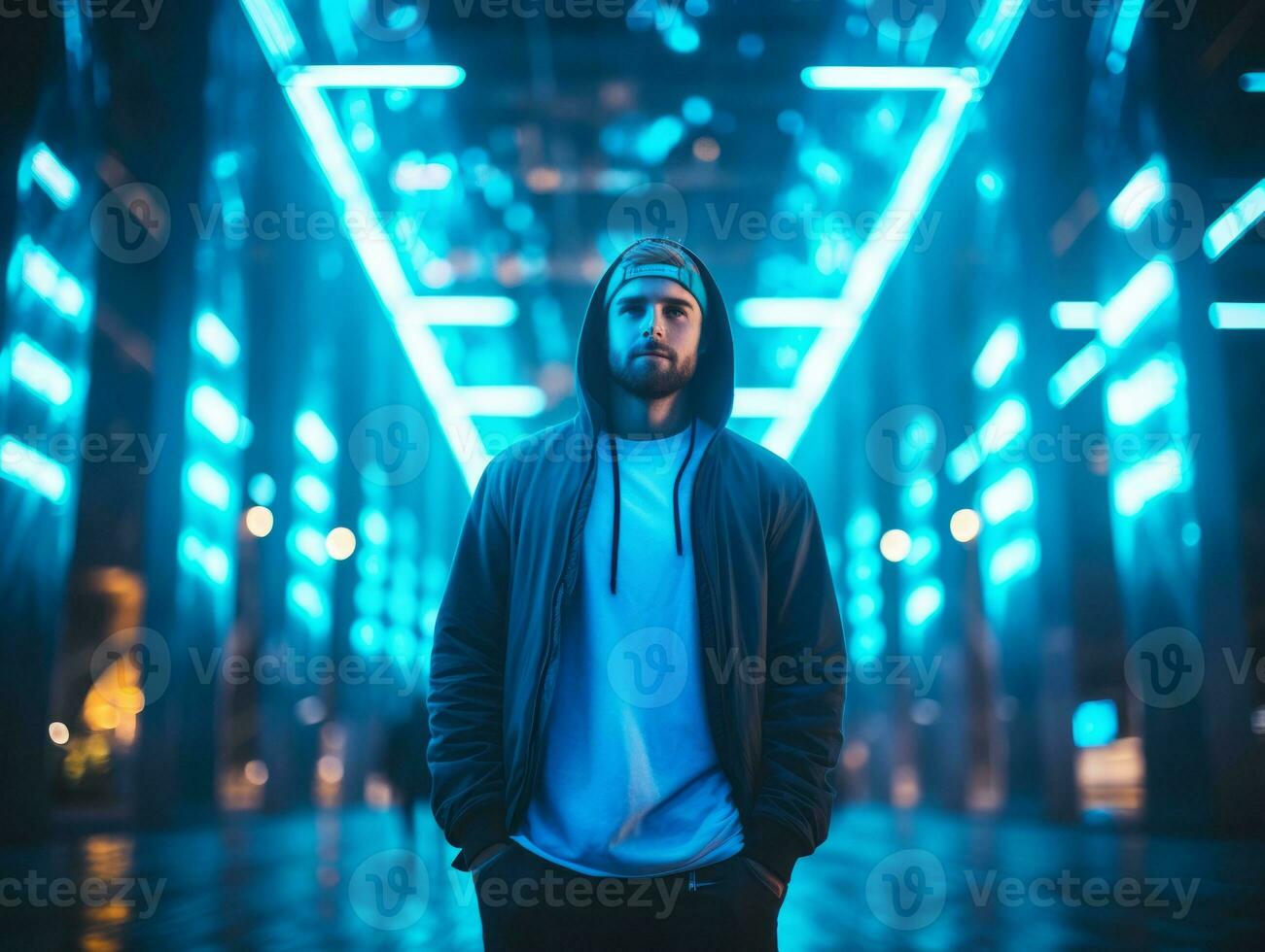 Man in future proof clothes enjoys a leisurely stroll through a neon lit city streets AI Generative photo