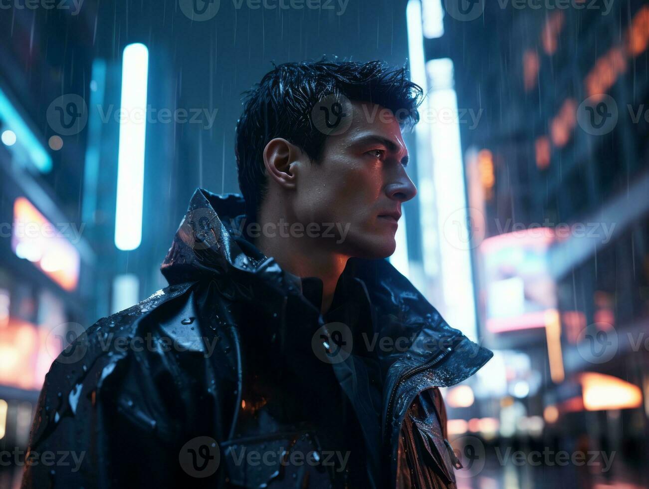 Man in future proof clothes enjoys a leisurely stroll through a neon lit city streets AI Generative photo