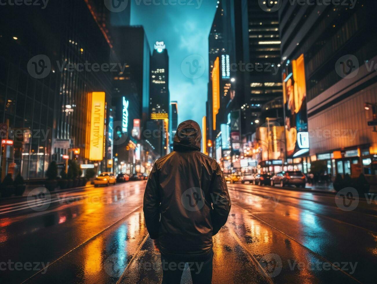 Man in future proof clothes enjoys a leisurely stroll through a neon lit city streets AI Generative photo