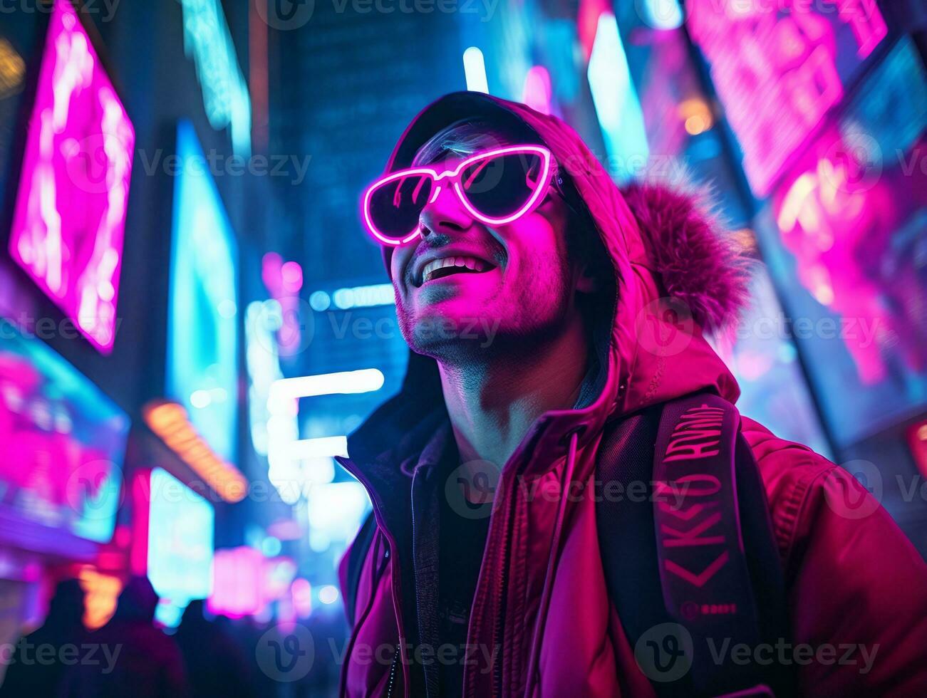 Man in future proof clothes enjoys a leisurely stroll through a neon lit city streets AI Generative photo