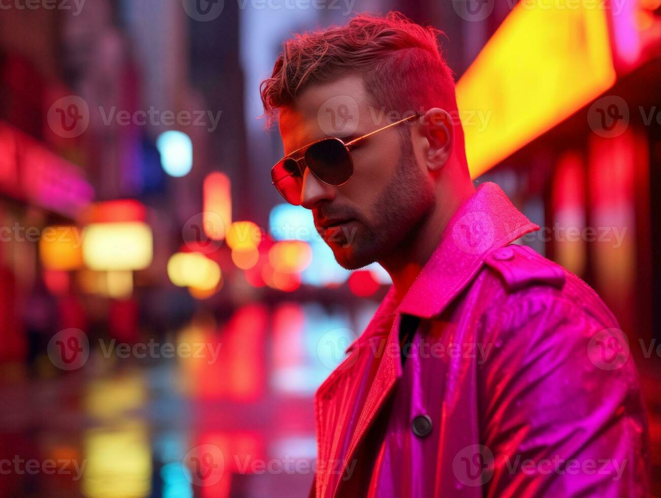 Man in future proof clothes enjoys a leisurely stroll through a neon lit city streets AI Generative photo