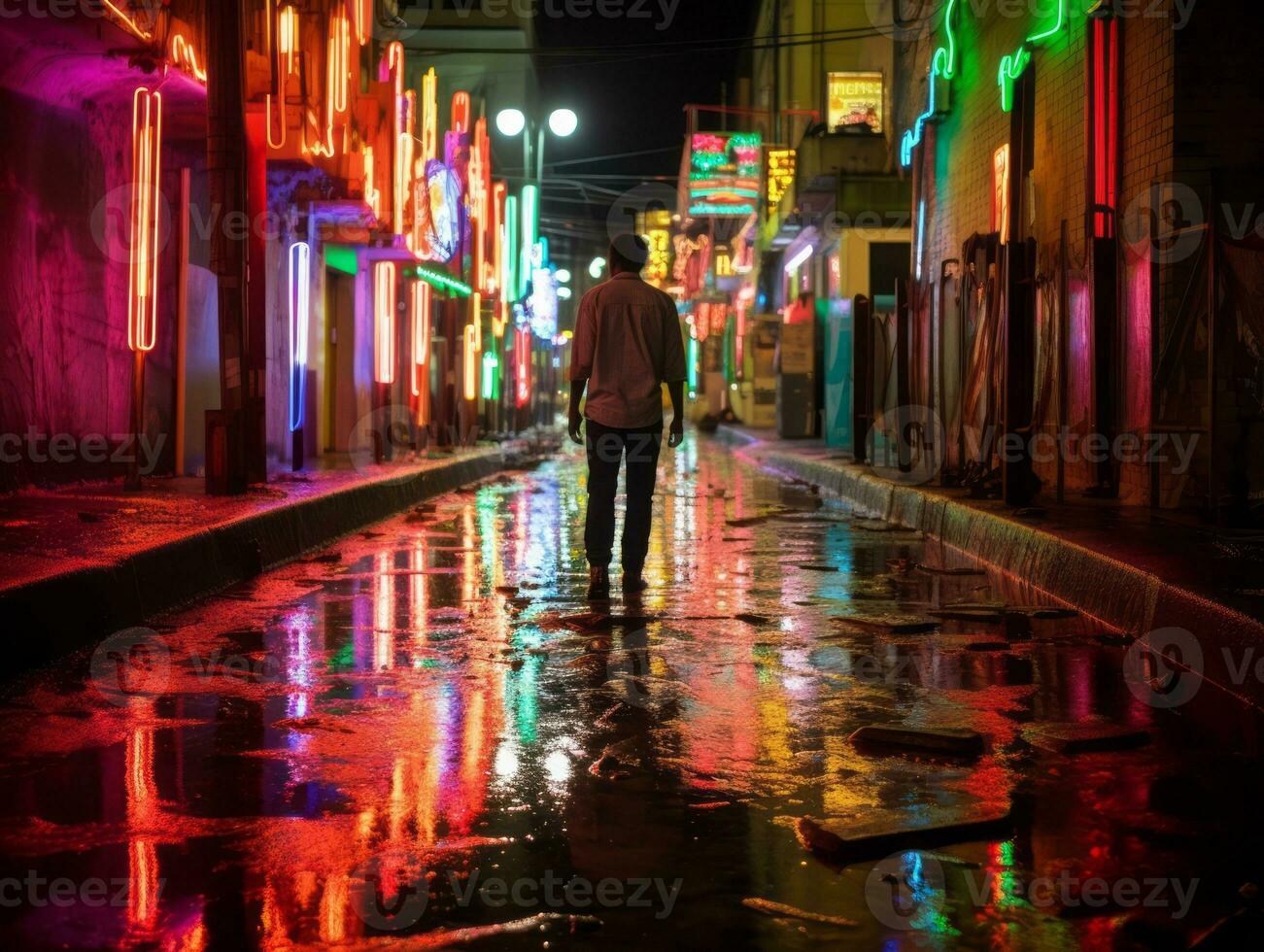 Man in future proof clothes enjoys a leisurely stroll through a neon lit city streets AI Generative photo