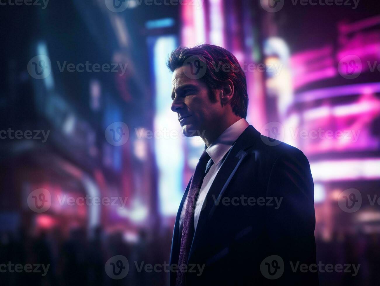 Man in future proof clothes enjoys a leisurely stroll through a neon lit city streets AI Generative photo