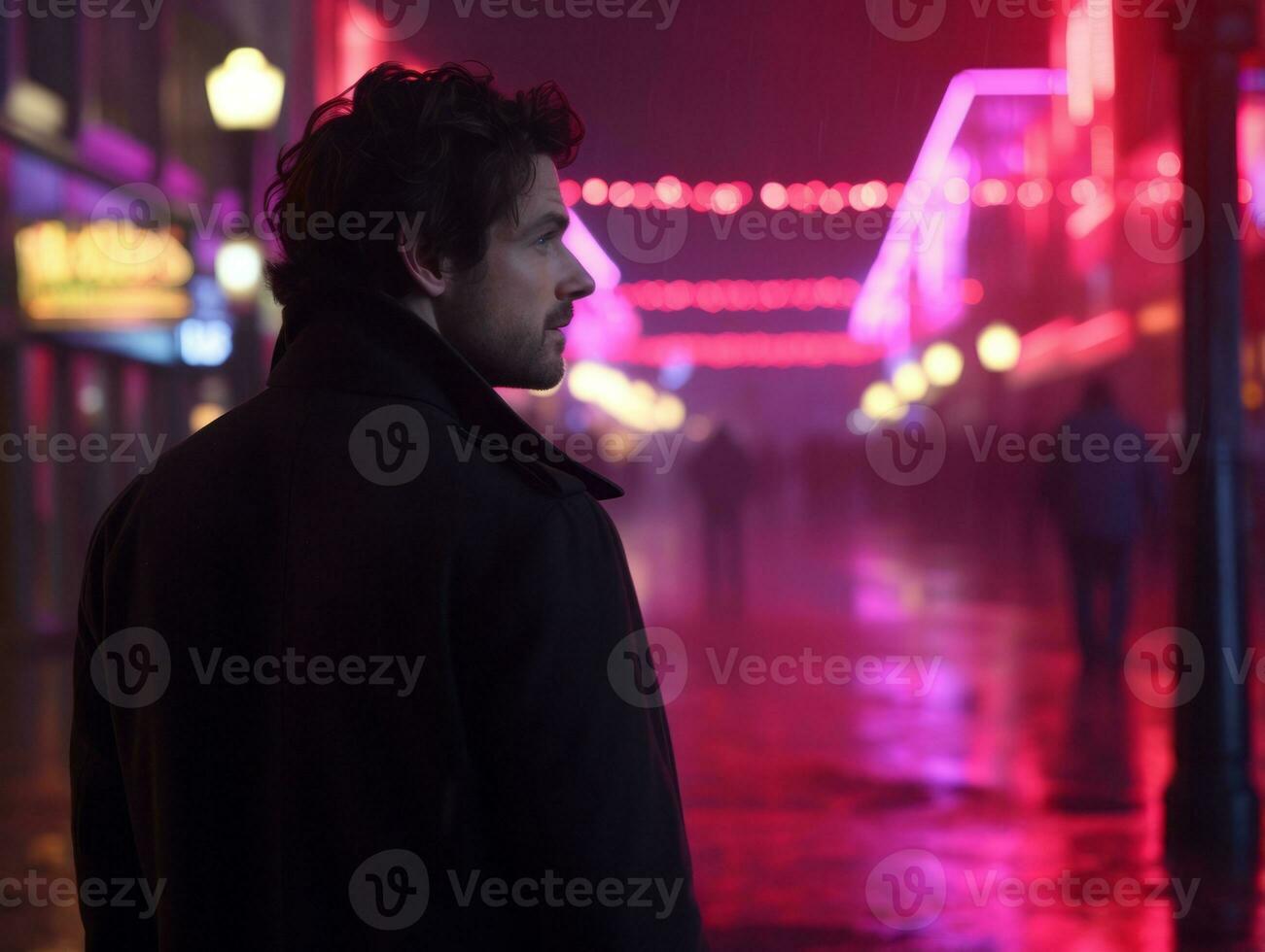 Man in future proof clothes enjoys a leisurely stroll through a neon lit city streets AI Generative photo
