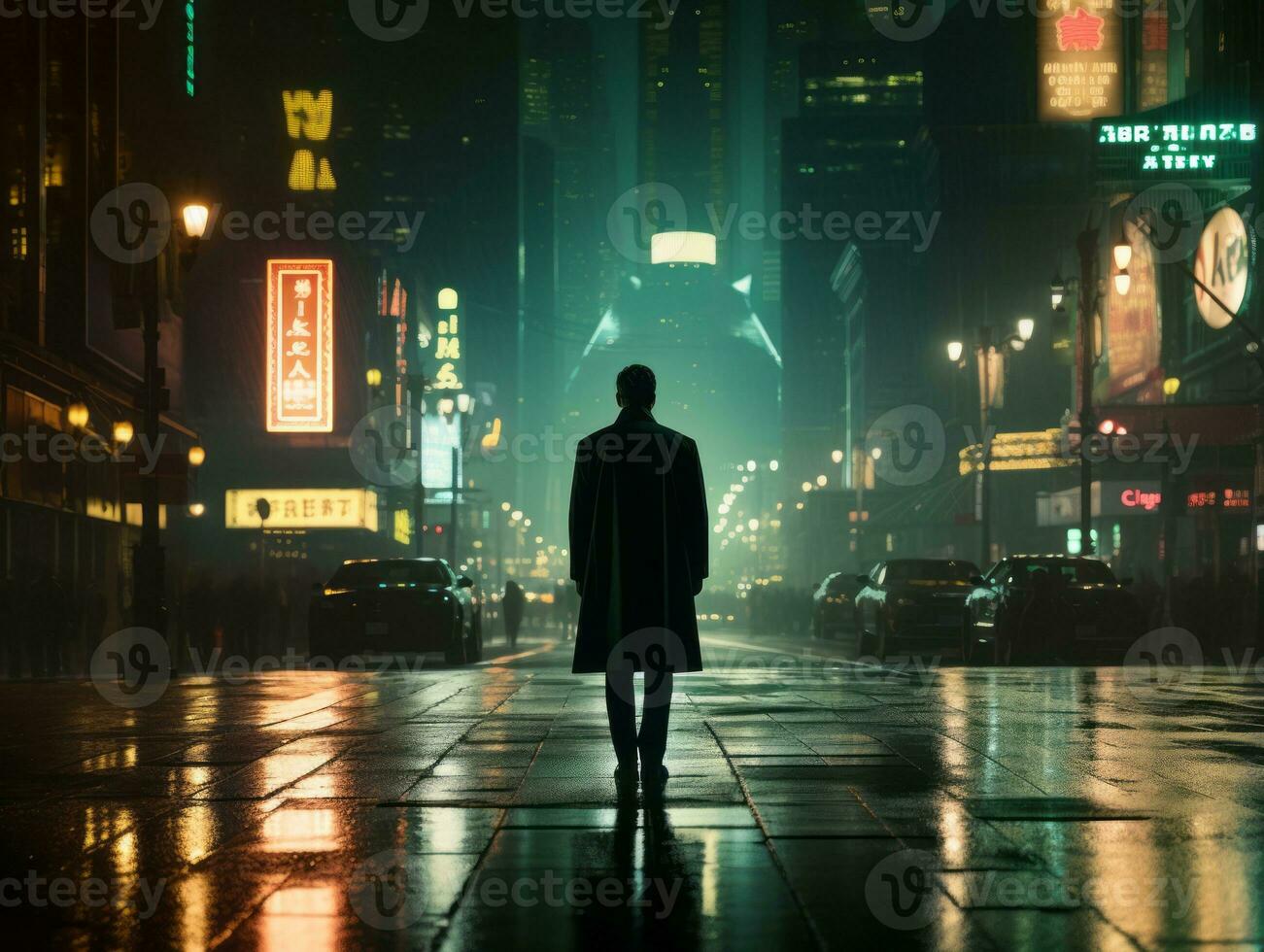 Man in future proof clothes enjoys a leisurely stroll through a neon lit city streets AI Generative photo