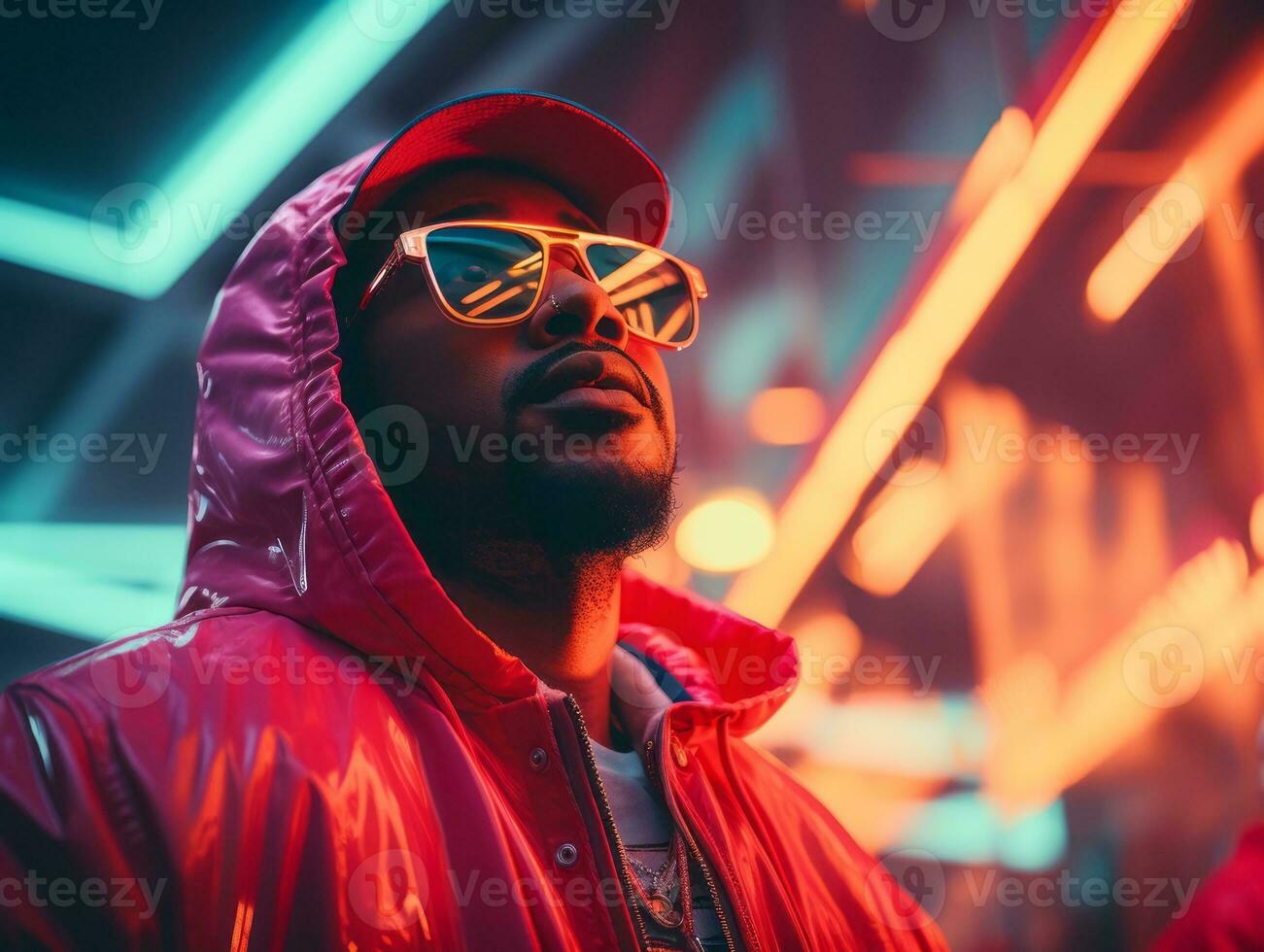 Man in future proof clothes enjoys a leisurely stroll through a neon lit city streets AI Generative photo