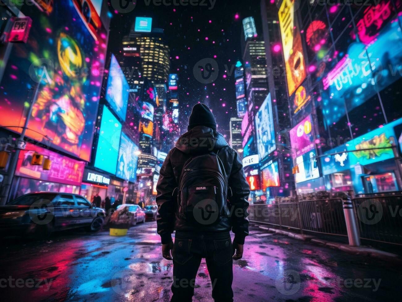 Man in future proof clothes enjoys a leisurely stroll through a neon lit city streets AI Generative photo