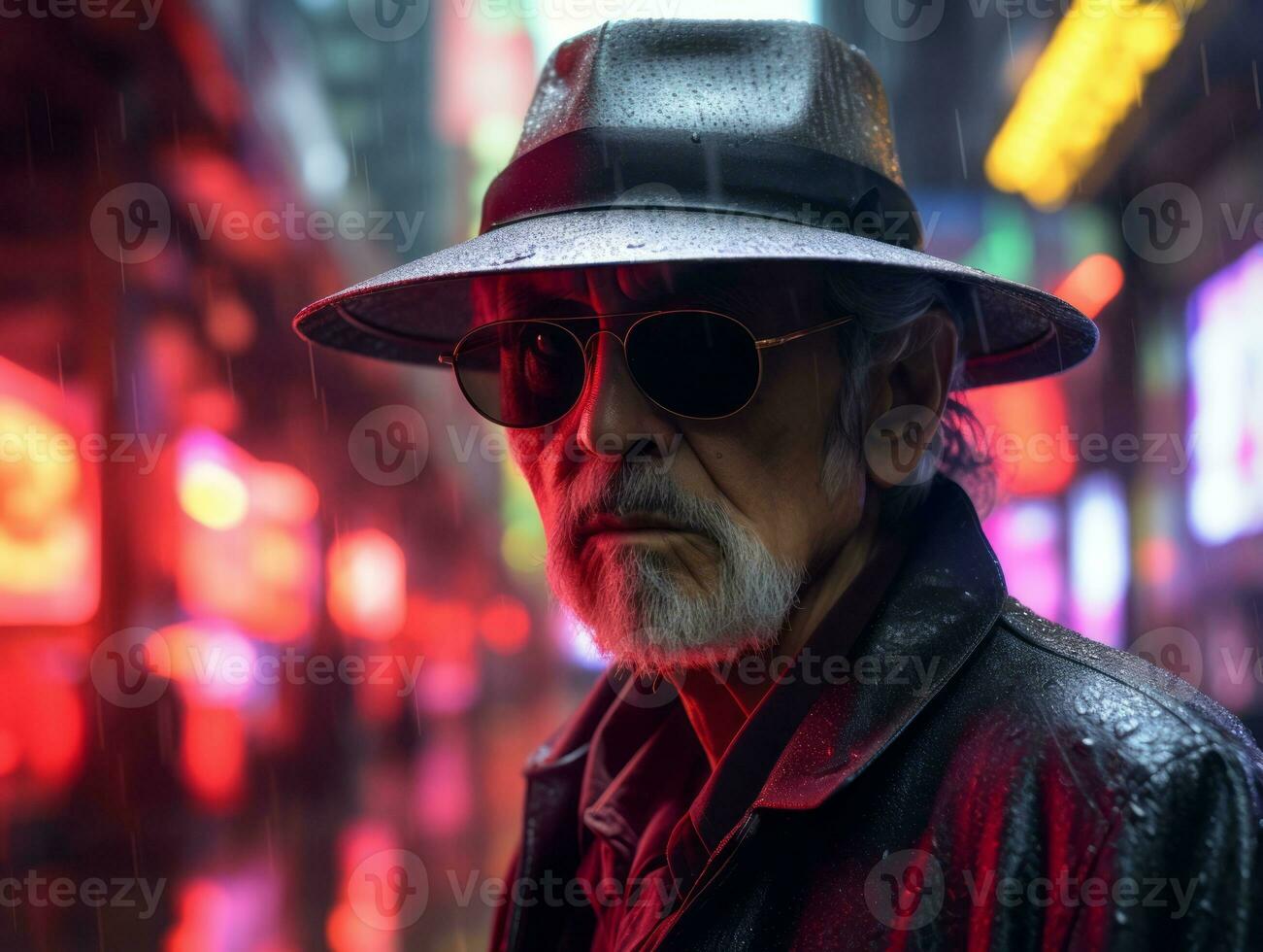 Man in future proof clothes enjoys a leisurely stroll through a neon lit city streets AI Generative photo