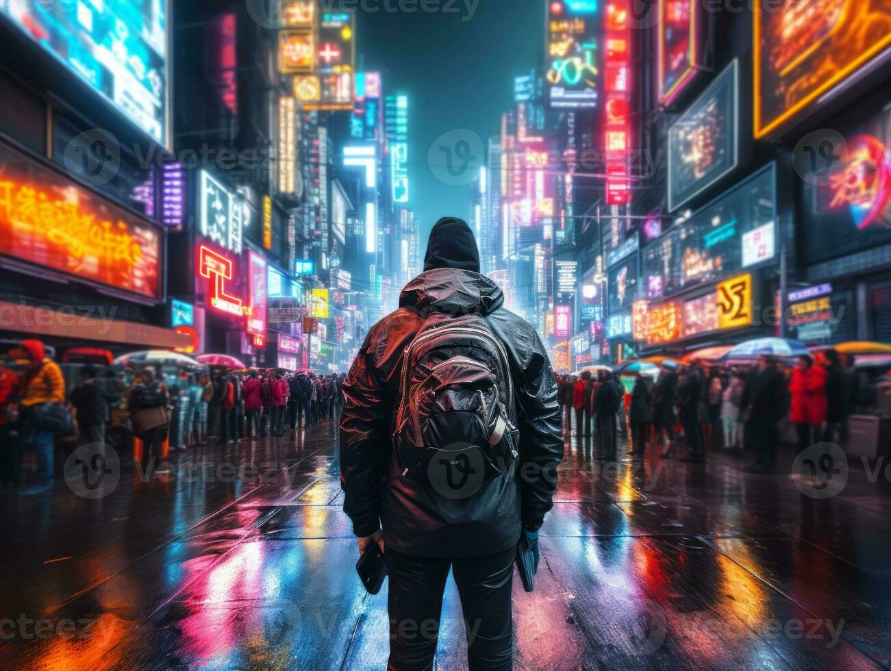 Man in future proof clothes enjoys a leisurely stroll through a neon lit city streets AI Generative photo