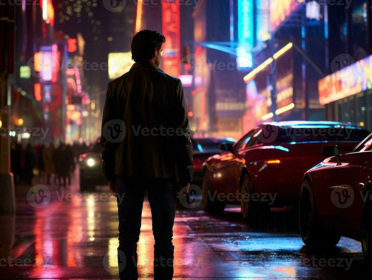 Man in future proof clothes enjoys a leisurely stroll through a neon lit city streets AI Generative photo