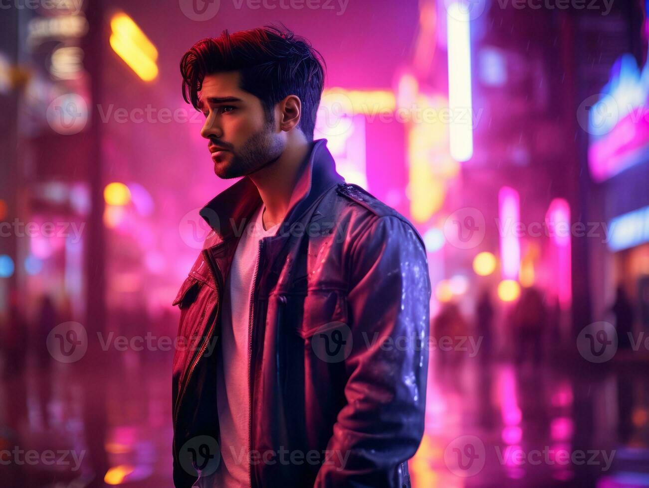 Man in future proof clothes enjoys a leisurely stroll through a neon lit city streets AI Generative photo