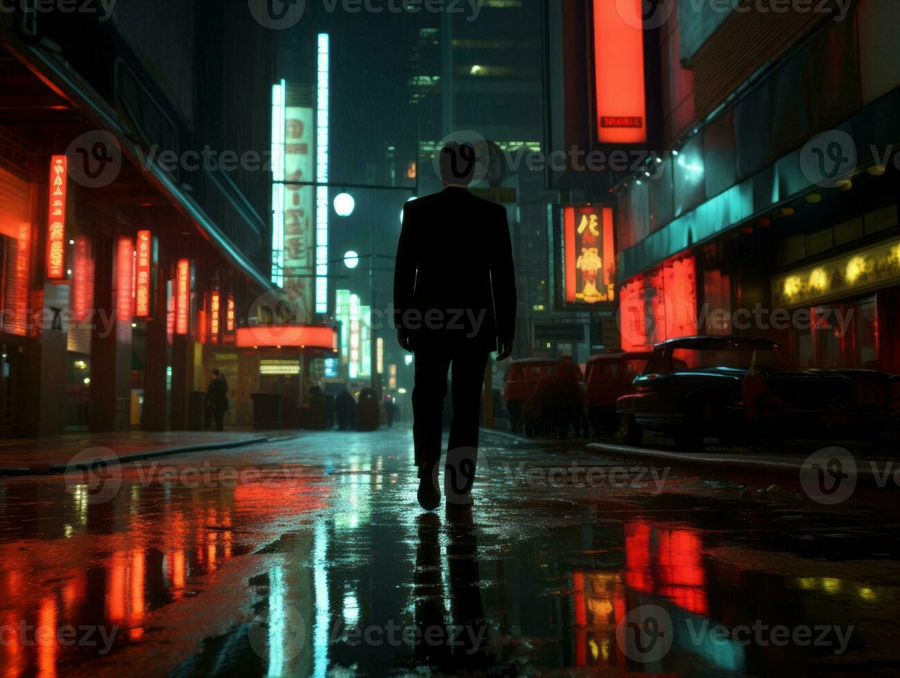 Man in future proof clothes enjoys a leisurely stroll through a neon lit city streets AI Generative photo