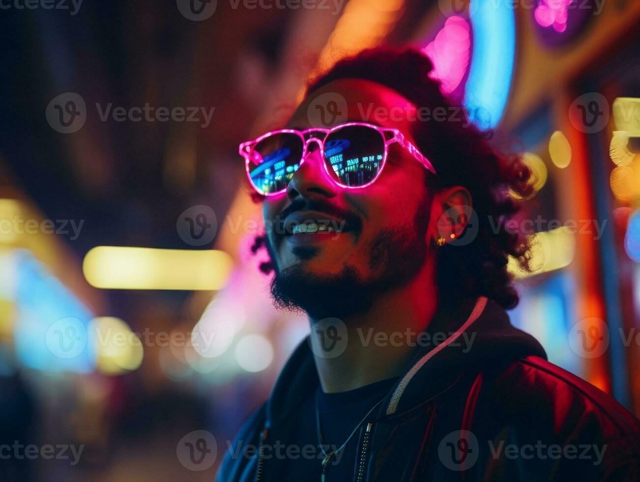 Man in future proof clothes enjoys a leisurely stroll through a neon lit city streets AI Generative photo