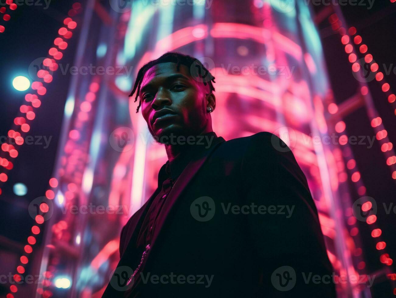 Man in future proof clothes enjoys a leisurely stroll through a neon lit city streets AI Generative photo