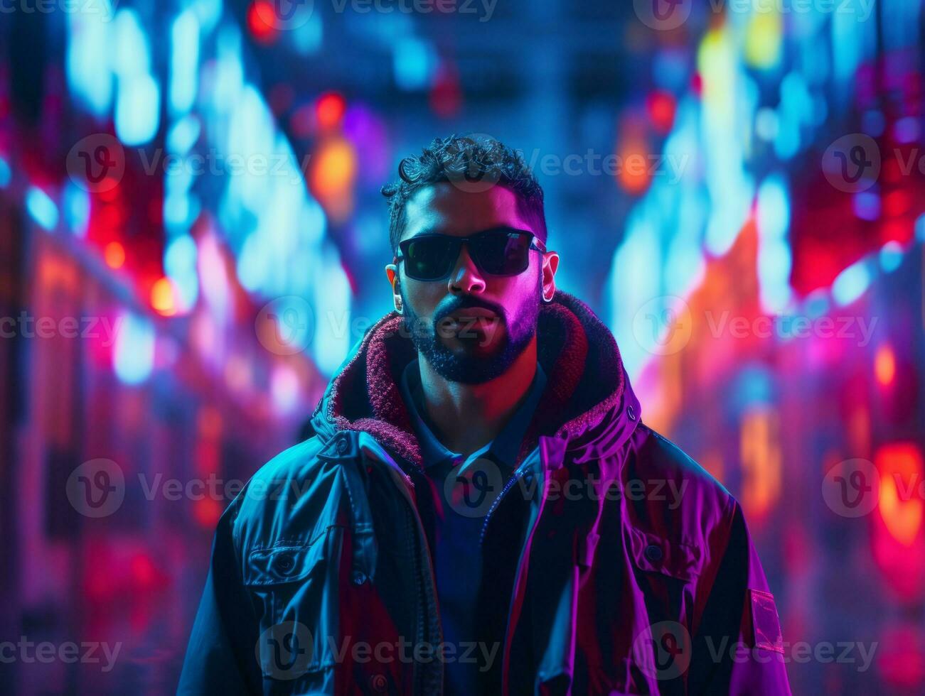 Man in future proof clothes enjoys a leisurely stroll through a neon lit city streets AI Generative photo