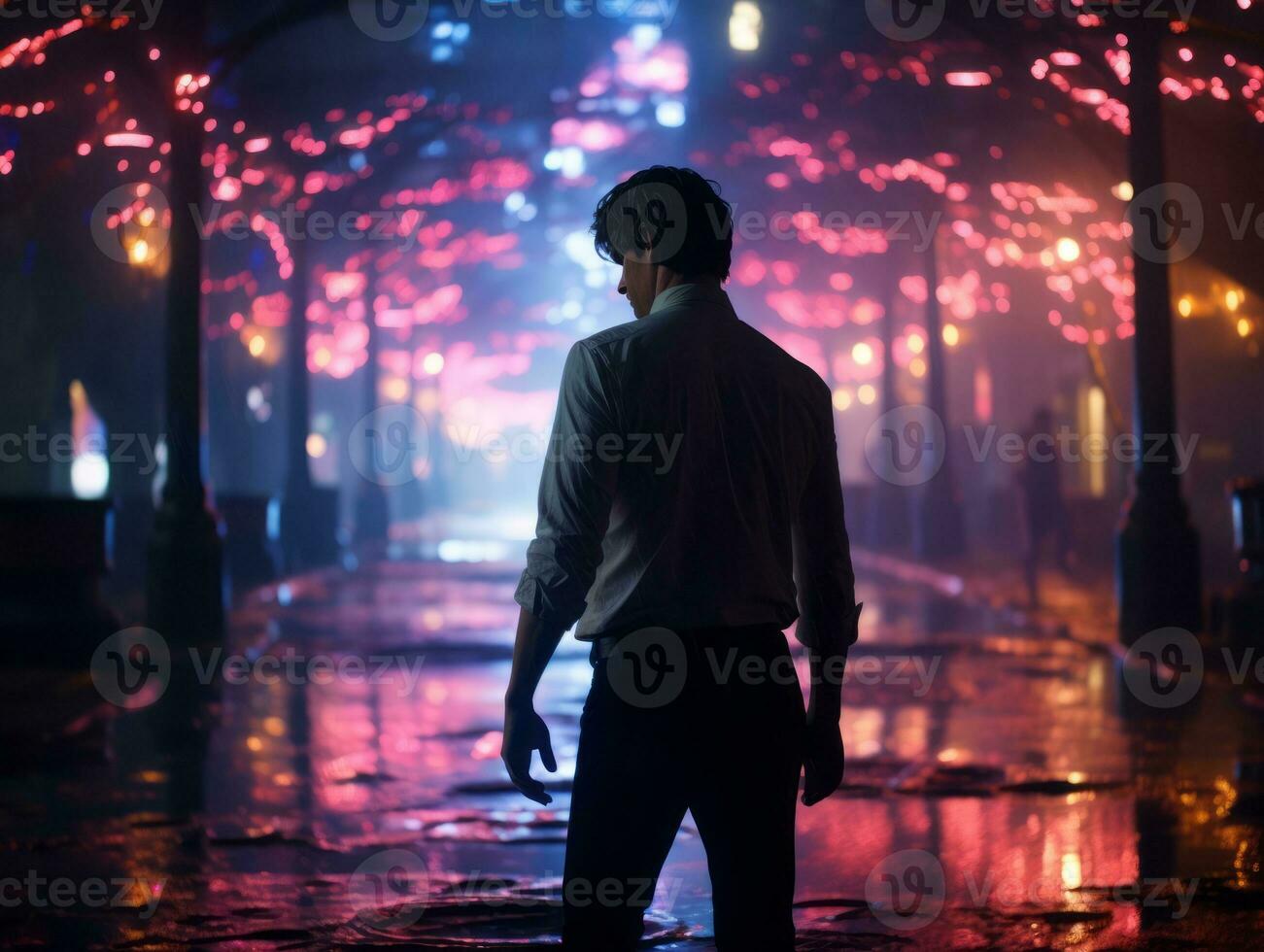 Man in future proof clothes enjoys a leisurely stroll through a neon lit city streets AI Generative photo