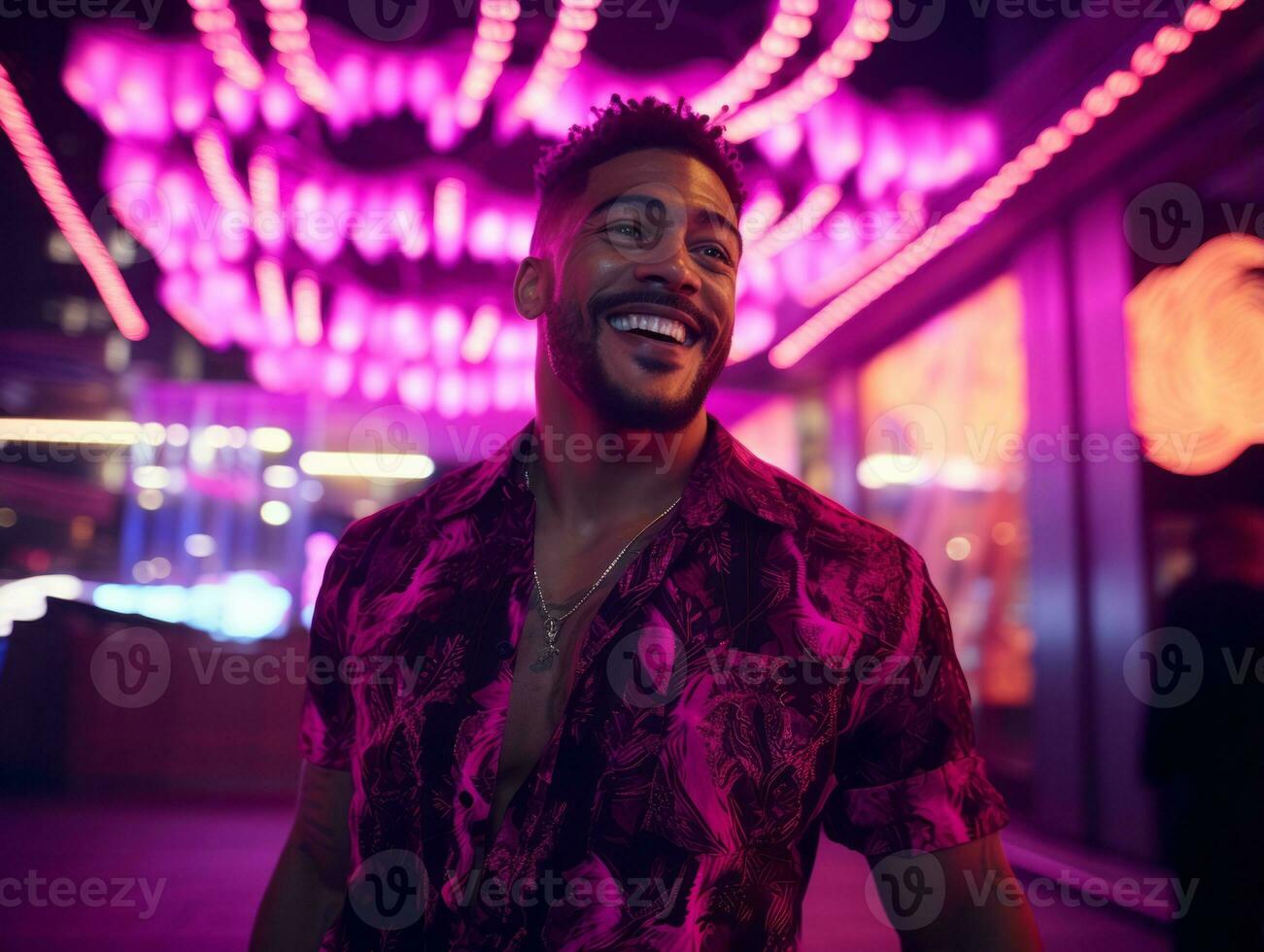 Man in future proof clothes enjoys a leisurely stroll through a neon lit city streets AI Generative photo