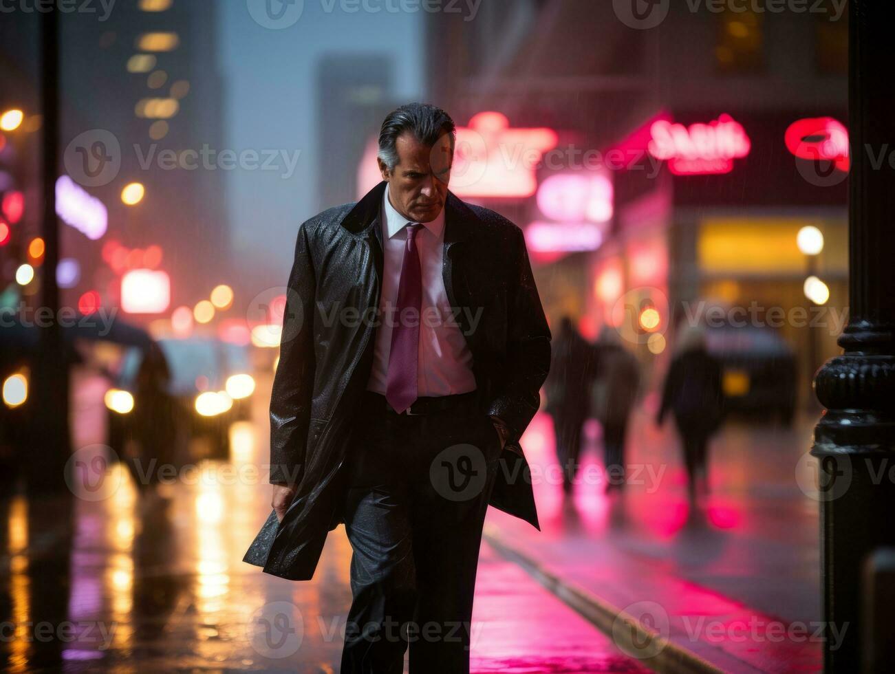 hombre en futuro prueba ropa disfruta un sin prisa paseo mediante un neón iluminado ciudad calles ai generativo foto