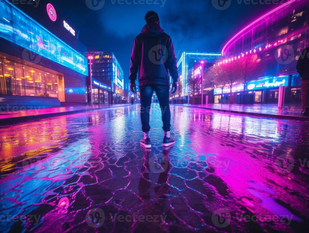 Man in future proof clothes enjoys a leisurely stroll through a neon lit city streets AI Generative photo