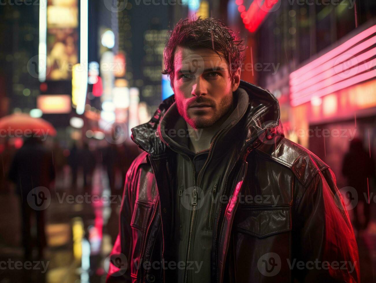 Man in future proof clothes enjoys a leisurely stroll through a neon lit city streets AI Generative photo