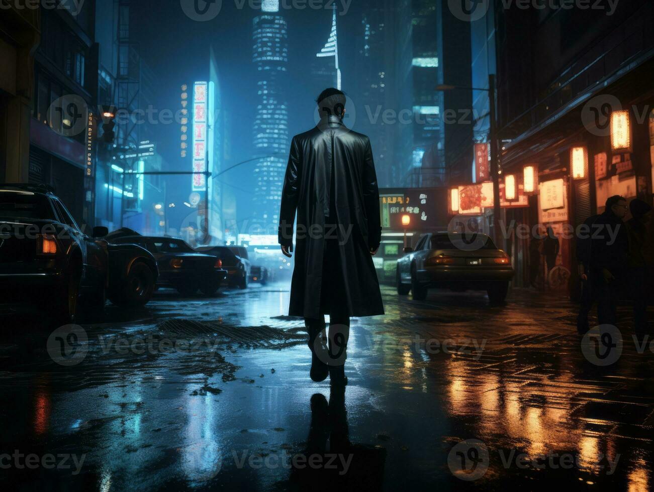 Man in future proof clothes enjoys a leisurely stroll through a neon lit city streets AI Generative photo