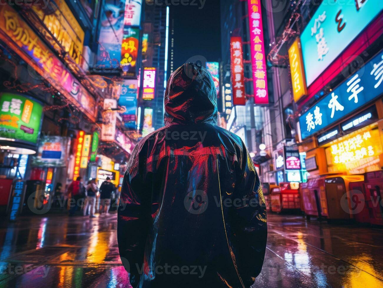 Man in future proof clothes enjoys a leisurely stroll through a neon lit city streets AI Generative photo