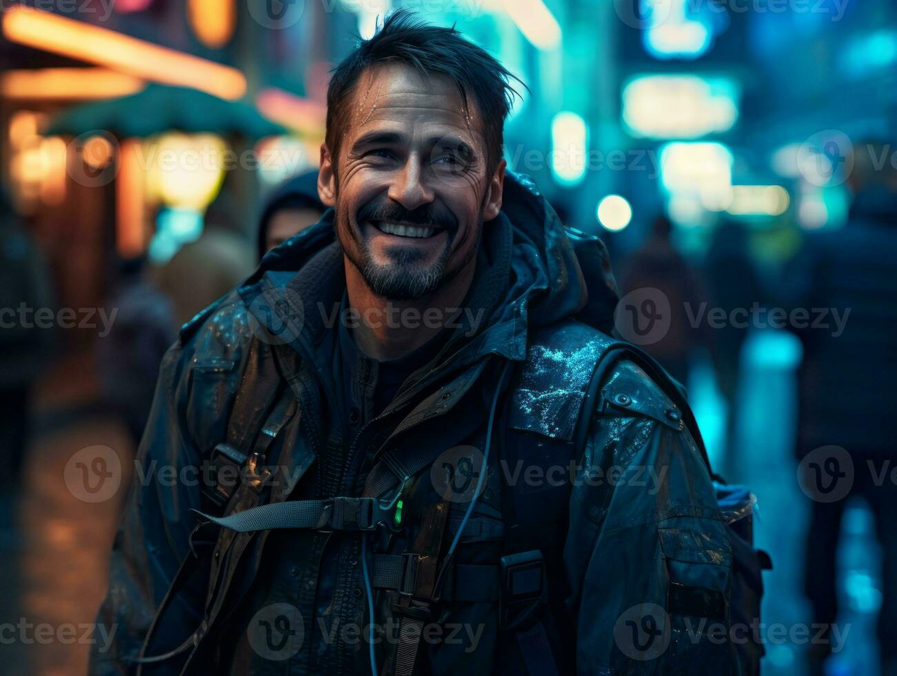 Man in future proof clothes enjoys a leisurely stroll through a neon lit city streets AI Generative photo