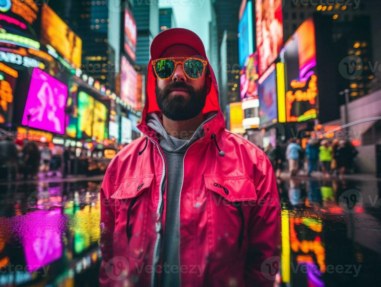 Man in future proof clothes enjoys a leisurely stroll through a neon lit city streets AI Generative photo