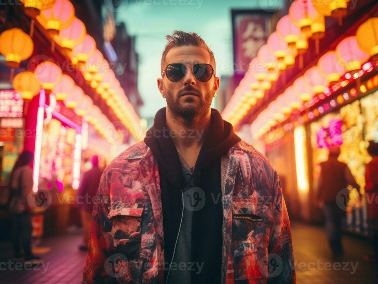 Man in future proof clothes enjoys a leisurely stroll through a neon lit city streets AI Generative photo