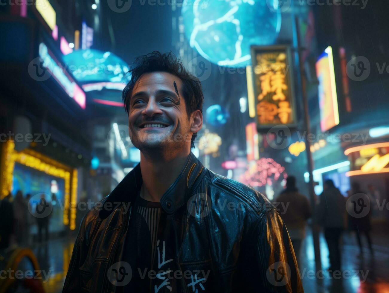 Man in future proof clothes enjoys a leisurely stroll through a neon lit city streets AI Generative photo