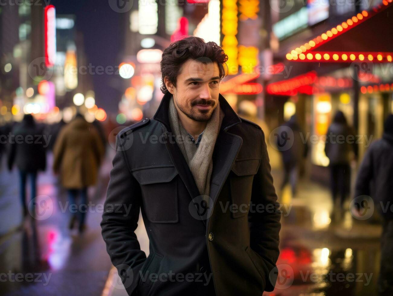 hombre en futuro prueba ropa disfruta un sin prisa paseo mediante un neón iluminado ciudad calles ai generativo foto