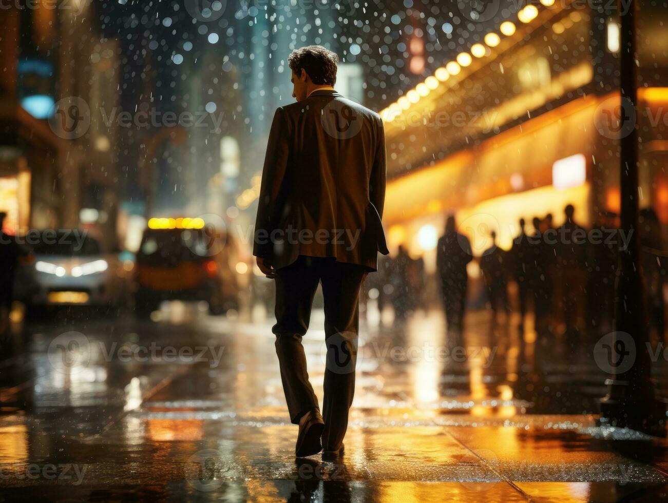 Man in future proof clothes enjoys a leisurely stroll through a neon lit city streets AI Generative photo