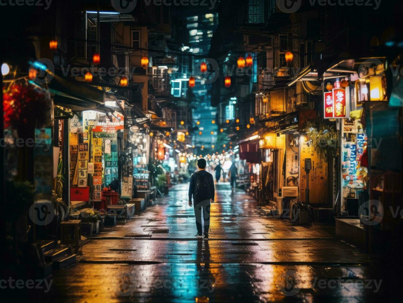 Man in future proof clothes enjoys a leisurely stroll through a neon lit city streets AI Generative photo