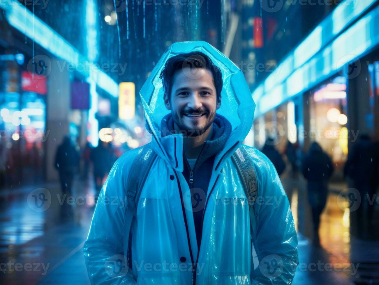 Man in future proof clothes enjoys a leisurely stroll through a neon lit city streets AI Generative photo