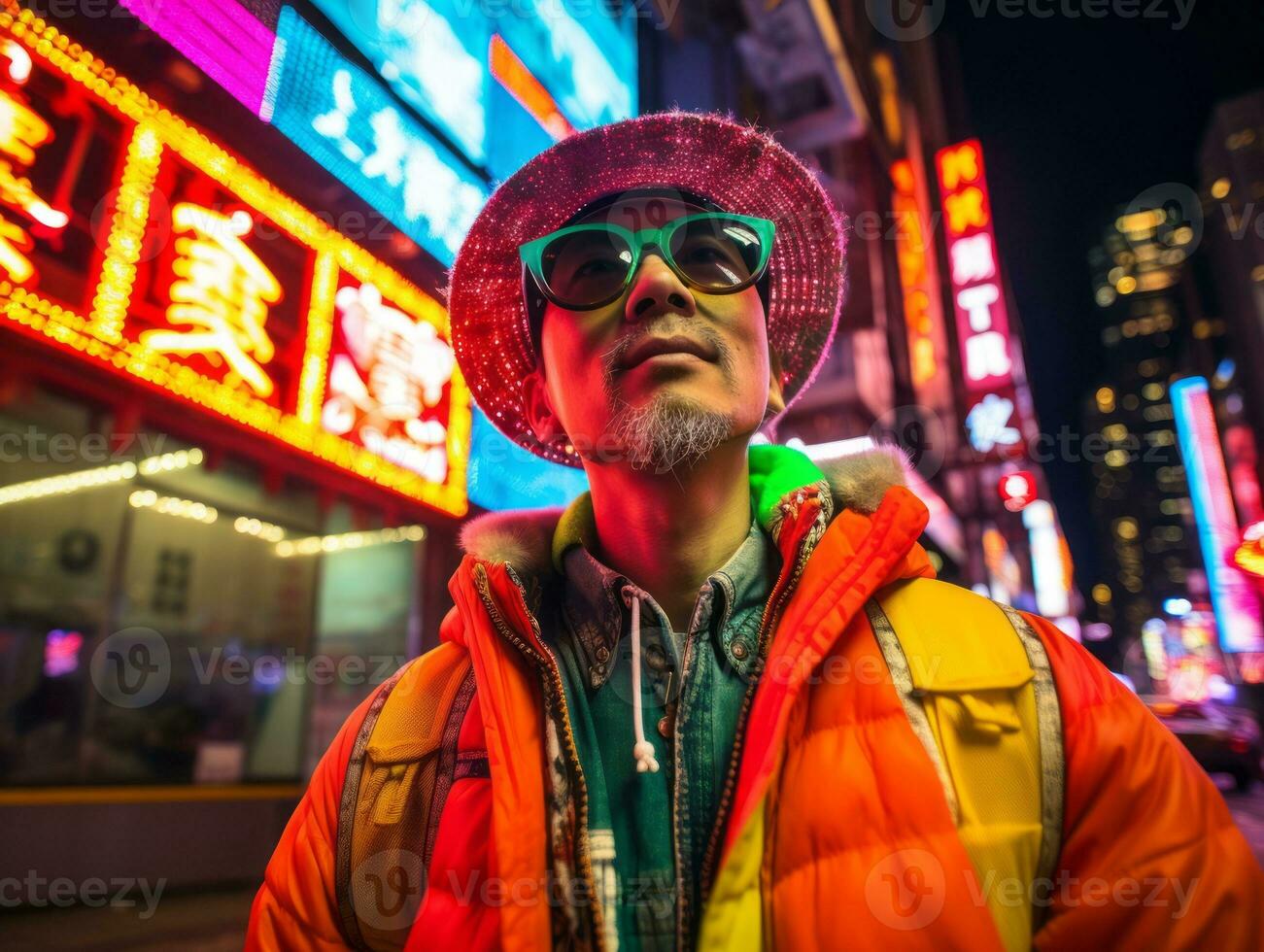 Man in future proof clothes enjoys a leisurely stroll through a neon lit city streets AI Generative photo