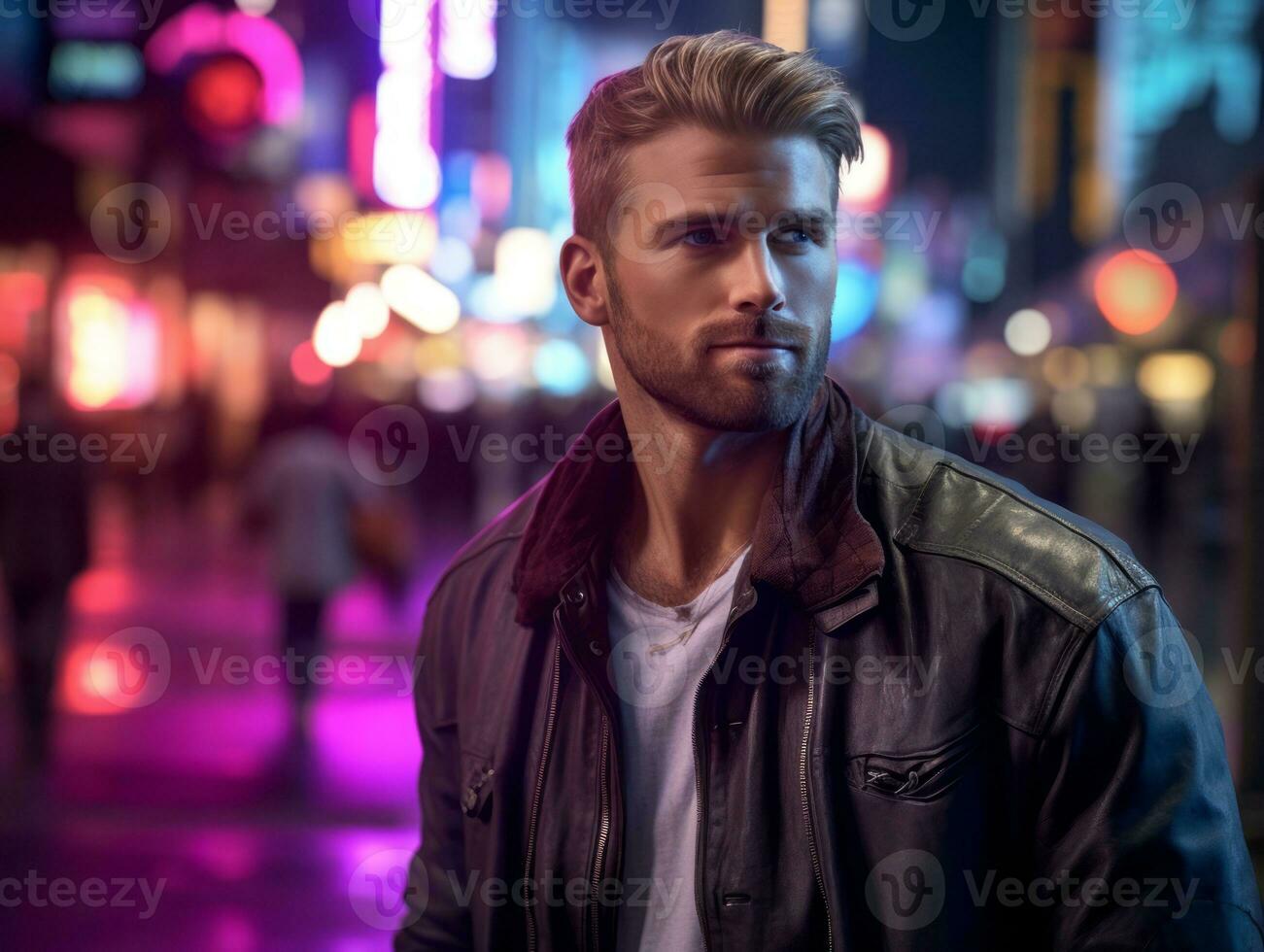 Man in future proof clothes enjoys a leisurely stroll through a neon lit city streets AI Generative photo