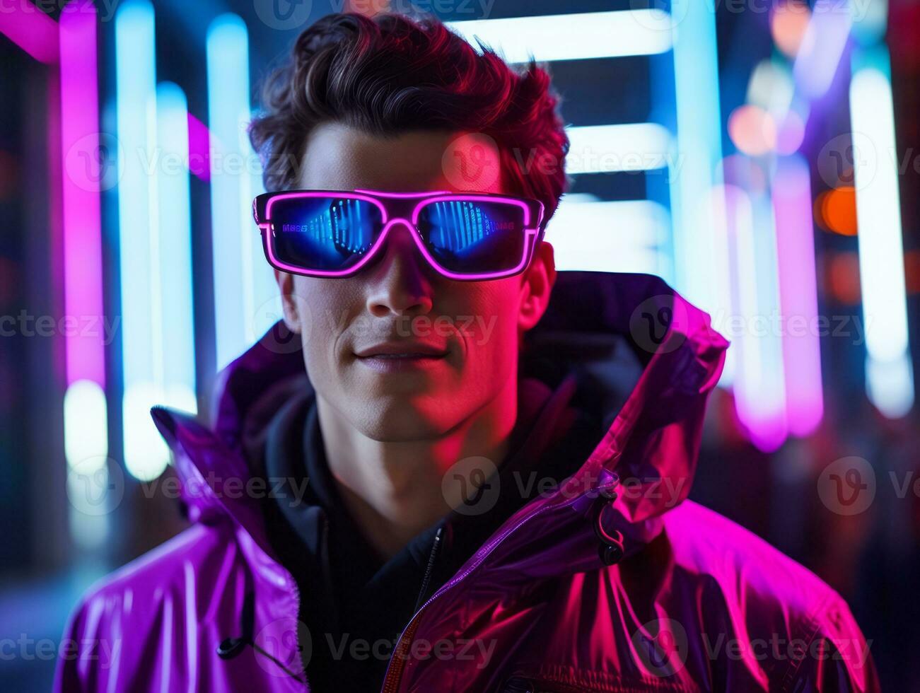 Man in future proof clothes enjoys a leisurely stroll through a neon lit city streets AI Generative photo