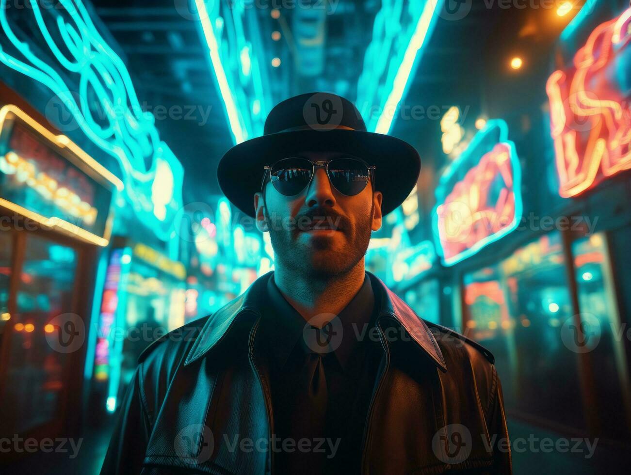 Man in future proof clothes enjoys a leisurely stroll through a neon lit city streets AI Generative photo